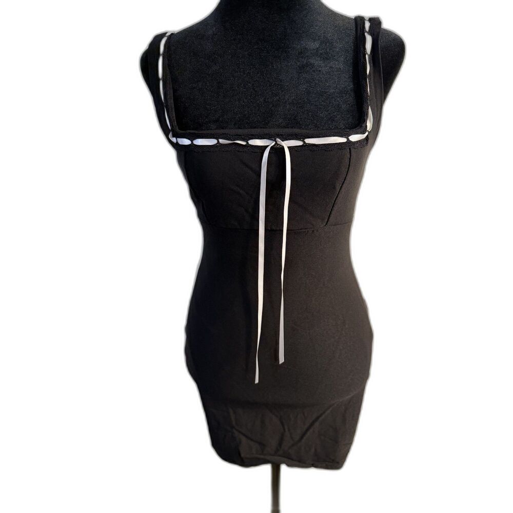 Windsor Black Bodycon Mini Dress — White Lace-Up Neckline, Square Neck